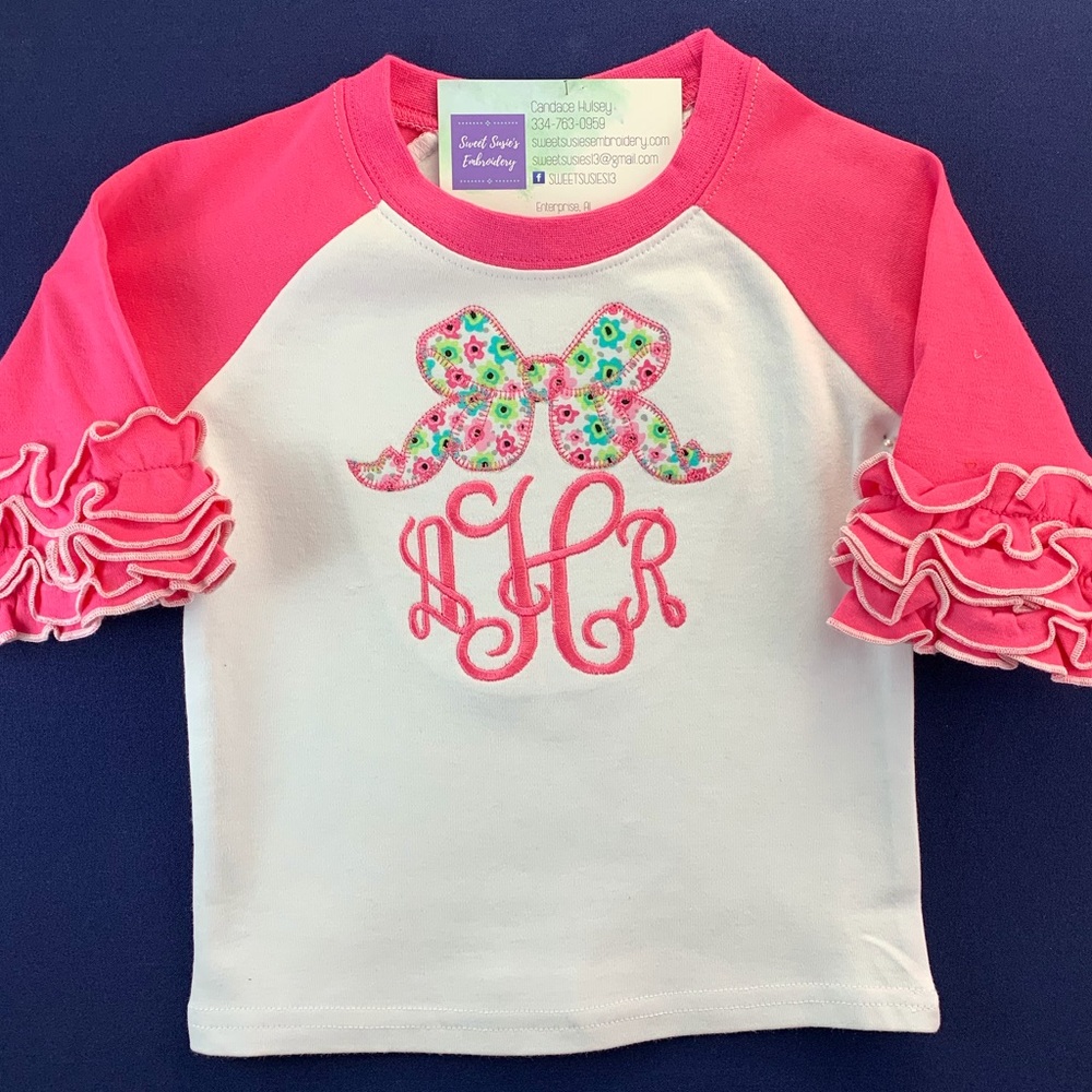 Girls Monogramed and Appliquéd Ruffled Raglan